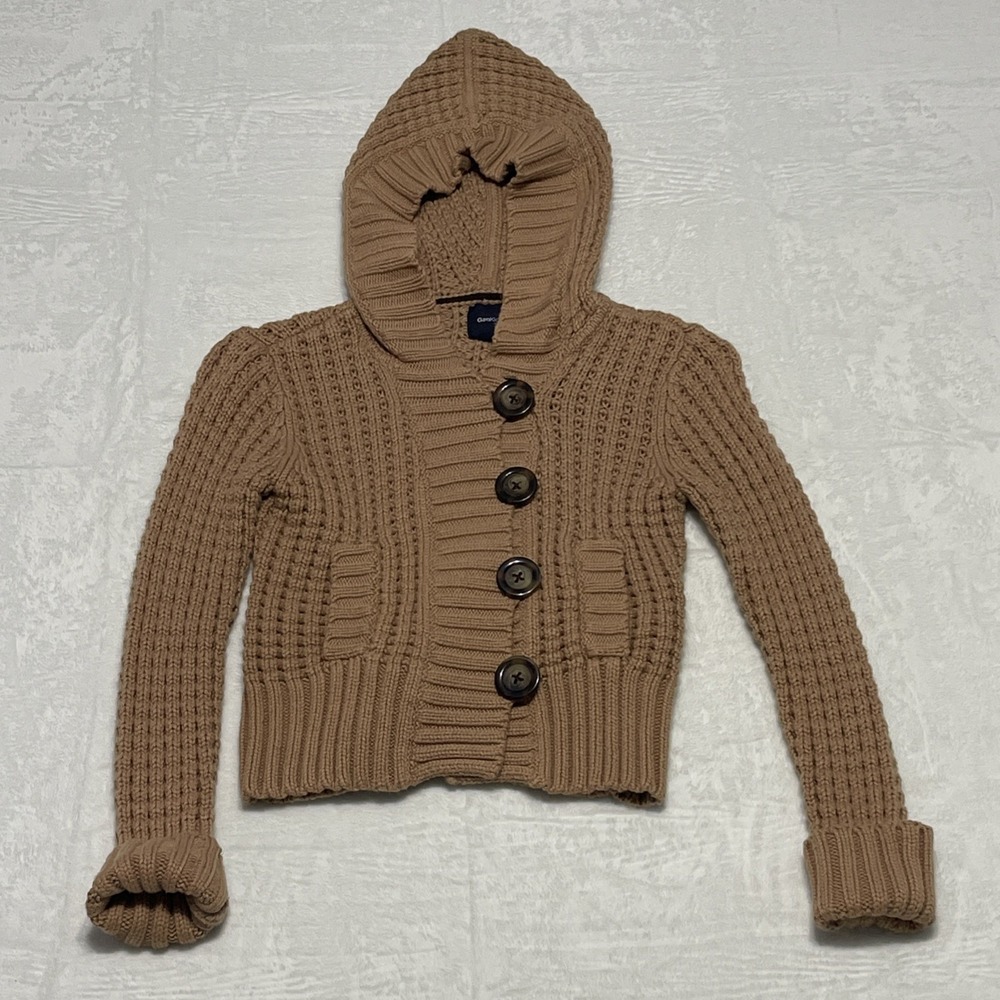 Girls tan Gap Kids button cable knit sweater with hood size M (8) chunky heavy